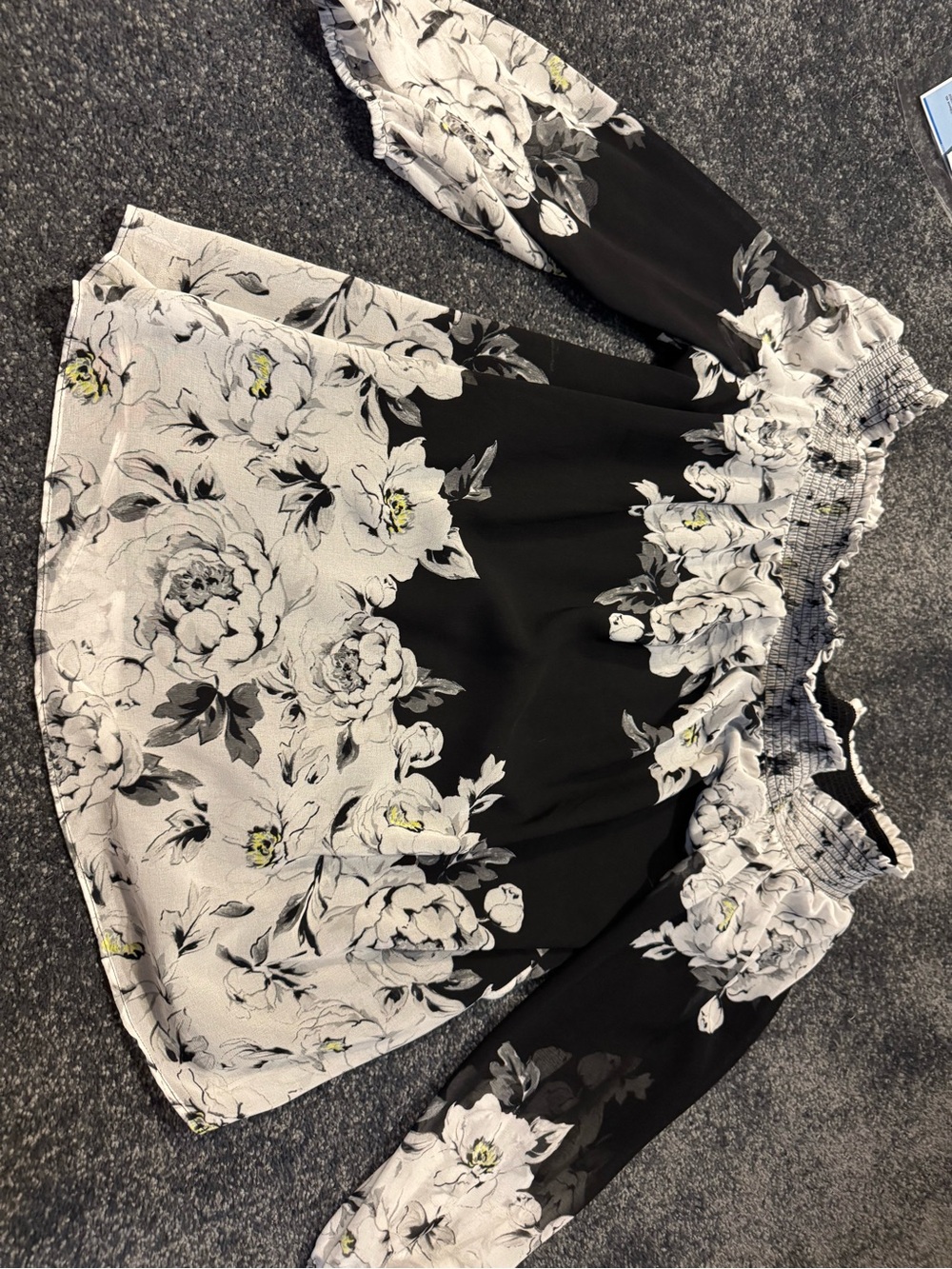White House Black Market Black and Light Gray Floral Off-Shoulder Top
